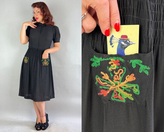 1930s Perfect Puff Sleeve Frock | Vintage 30s Black Rayon Crepe LBD Dress with Smocked Waist & Colourful Embroidered Pockets | Small Medium