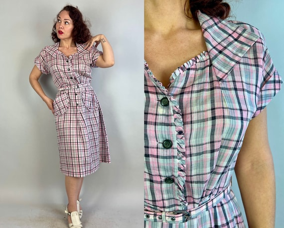 1940s Sassy Sally Springtime Frock | Vintage 40s Pink Grey and White Plaid Semi-Sheer Cotton Dress with Ruffles and Belt | Extra Large XL