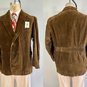 1930s Belted Back Jacket Vintage 30s Honey Caramel Corduroy Pleated Belt Back Blazer Sport Coat Size 44 Extra Large XL image 1