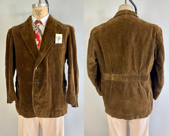 1930s Belted Back Jacket | Vintage 30s Honey Caramel Corduroy Pleated Belt Back Blazer Sport Coat | Size 44 Extra Large XL