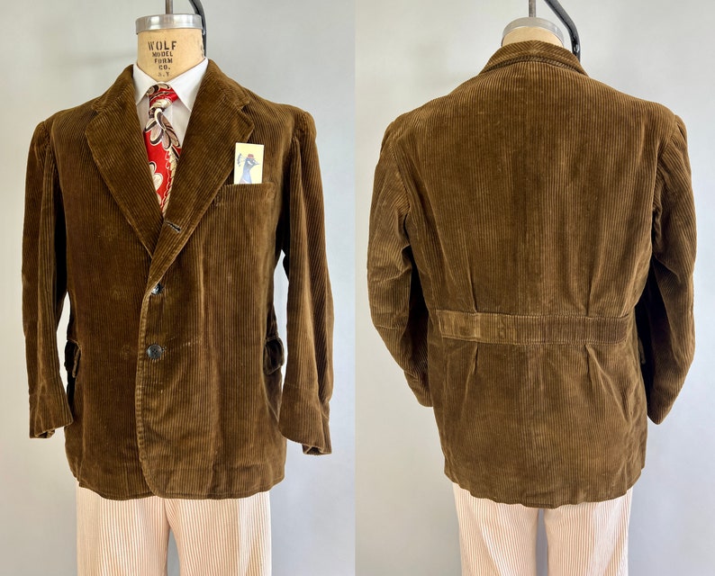 1930s Belted Back Jacket Vintage 30s Honey Caramel Corduroy Pleated Belt Back Blazer Sport Coat Size 44 Extra Large XL image 1