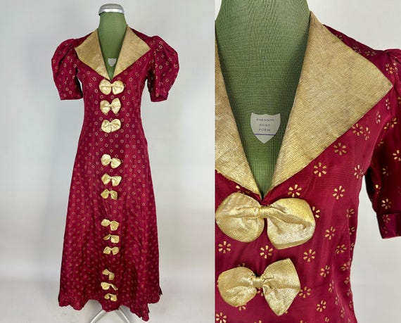 1930s Magnificent Midas Gown | Vintage 30s Red Rayon Taffeta Evening Dress with Puff Sleeves Gold Painted Bursts and Lamé Accents | Small XS
