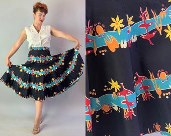 1950s Under the Sea Skirt | Vintage 50s Black Cotton Full Circle Skirt w/Novelty Tiki Print in Orange Red Turquoise Yellow & White | Medium
