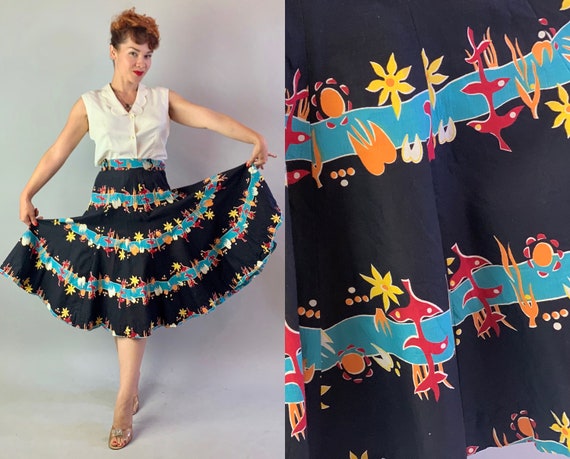 1950s Under the Sea Skirt | Vintage 50s Black Cotton Full Circle Skirt w/Novelty Tiki Print in Orange Red Turquoise Yellow & White | Medium