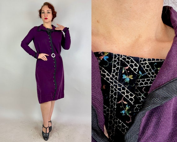 1920s Wonderful Winter Frock | Vintage 20s Eggplant Purple Wool Dress with Belt, Black Trim and Velveteen Embroidered Panel | Medium Large