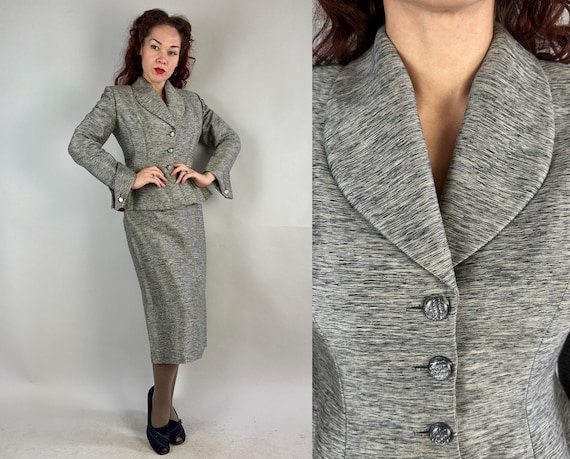 1950s Sashay in Static Suit | Vintage 50s Silver Grey and Black Silk and Mohair Two Piece French Cuffs Jacket & Skirt Ensemble | Small