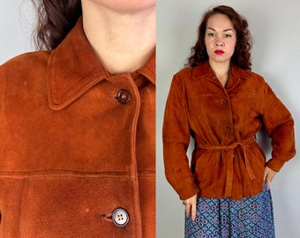 1940s Cinnamon Suzie Suede Jacket | Vintage 40s Brown Orange Leather Short Sportswear Autumnal Coat with Pockets and Belt | Medium Large