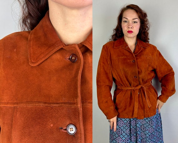 1940s Cinnamon Suzie Suede Jacket | Vintage 40s Brown Orange Leather Short Sportswear Autumnal Coat with Pockets and Belt | Medium Large