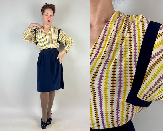 1940s Top of the Pyramid Dress | Vintage 40s Navy Blue Rayon Crepe & White Yellow Purple Green Triangle Print Jersey Frock | Extra Large XL
