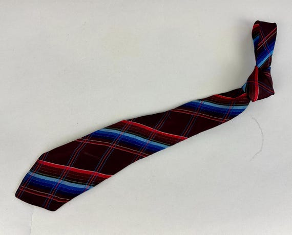 1930s Perfectly Plaid Necktie | Vintage 30s Blue Purple Maroon Red and Green Tartan Silk and Rayon Self Tie Cravat from “Vogue”