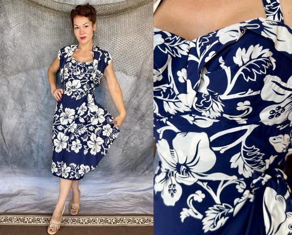 1950s Hibiscus High Moon Dress Set | Vintage 50s Blue and White Floral Cotton Hawaiian Sarong and Bolero Two Piece Ensemble | Small XS