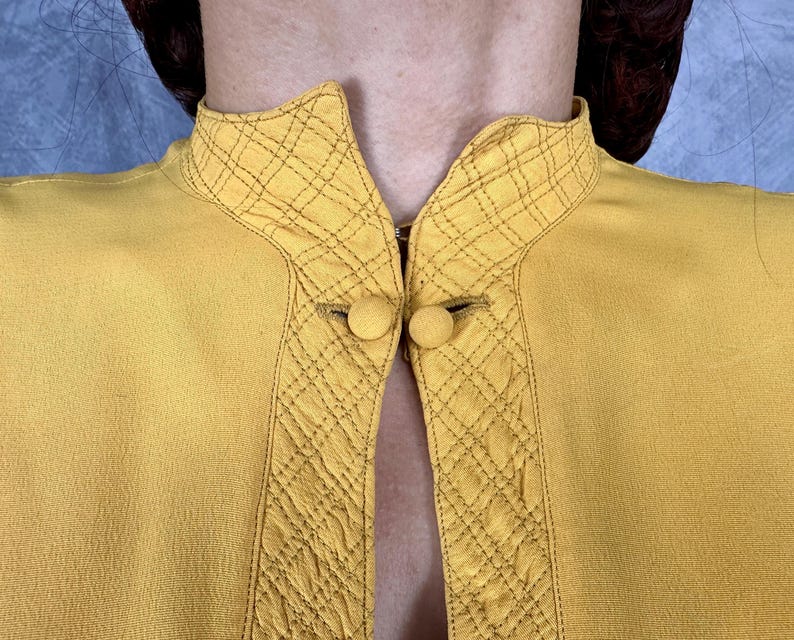 1940s The Perfect Match Blouse | Vintage 40s Yellow Rayon Crepe Poet Sleeve Button Back Shirt Top w/Diamond Check Quilting | Medium Large XL image 3