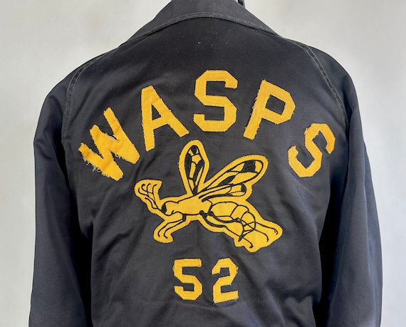 1950s Wowza Wasps Letterman Jacket | Vintage 50s Black and Yellow Cotton Sateen Two-Tone Snap Up Team Coat with Striped Knit | Medium/Large