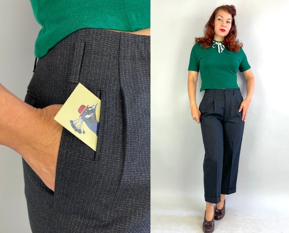 1940s Maggie's Menswear Trousers | Vintage 40s Charcoal Grey White Fleck Check Wool Pleated Hollywood Waist Button Fly Slacks Pants | Large