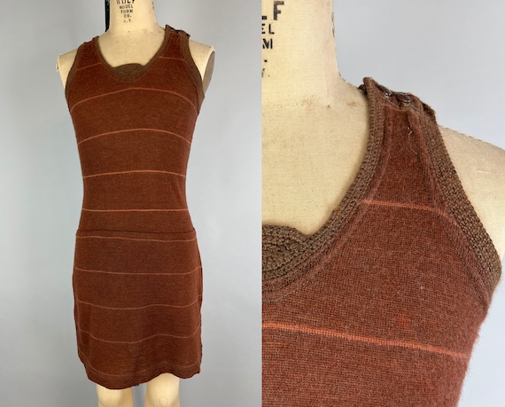 1920s "Water Sprite" Bathing Suit | Vintage Antique 20s Brown and Orange Striped Wool Swimsuit with Crochet Edge | Medium Large