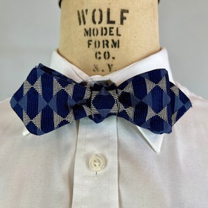 1930s Style Blue Brocade Bowtie | Navy & Denim w/ White Dots Diamond Pattern Silk Jacquard Adjustable Size Batwing Diamond Tip Self Bow Tie