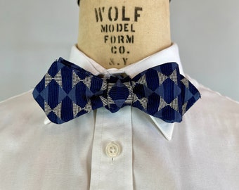 1930s Style Blue Brocade Bowtie | Navy & Denim w/ White Dots Diamond Pattern Silk Jacquard Adjustable Size Batwing Diamond Tip Self Bow Tie