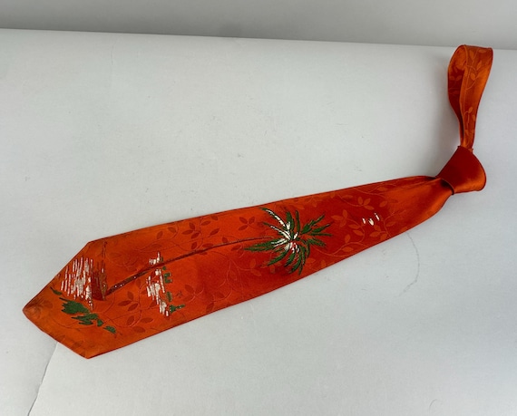 1940s Palm Beach Sunset Necktie | Vintage 40s Orange Rayon Satin Self Tie Cravat with Hand Painted Tropical Tree Over Water