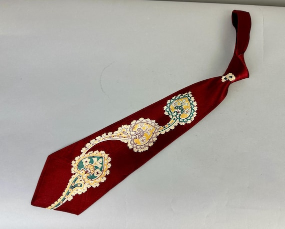 1940s Picture Perfect Paisley Necktie | Vintage 40s Red Satin Rayon Self Tie Cravat with Yellow Green White and Purple Heart Paislies