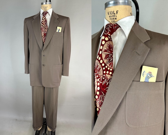 1950s Man of Steel Suit | Vintage 50s Two Piece Grey Wool Single Breasted Notch Lapel Jacket & Hollywood Waist Trousers Set | Size 42 Large