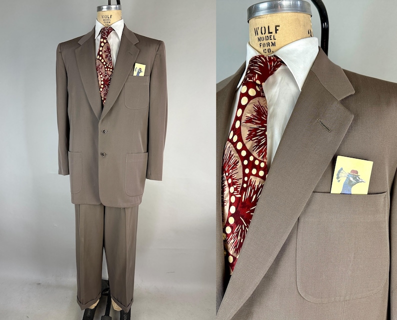 Pak van staal uit de jaren 50 | Vintage jaren 50 tweedelig grijs wollen jasje met enkele rij knopen en ingekeepte revers en Hollywood-taillebroeken | Maat 42 (groot) afbeelding 1