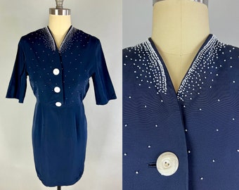 1940s Midnight Snow Dress | Vintage 40s Dark Blue Rayon Faille with White Seed Beads Button Up Frock | Medium Large