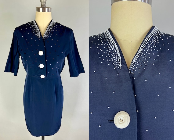 1940s Midnight Snow Dress | Vintage 40s Dark Blue Rayon Faille with White Seed Beads Button Up Frock | Medium Large