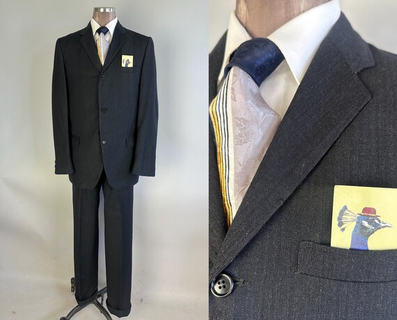 1950s Charming in Charcoal Suit | Vintage 50s Gray with Blue Stripes Single Breasted Wool Jacket & Pants Set | Size 36/38 Small Medium