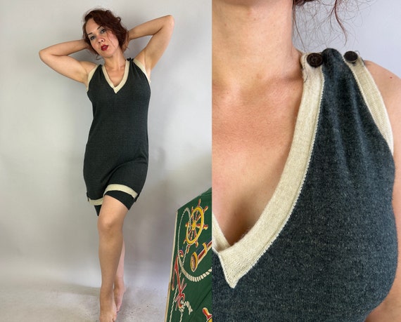 1920s Stormy Seas Bathing Suit | Vintage Antique 20s Charcoal Grey and White Wool Knit One Piece Swimsuit Swimwear | Large Extra Large XL