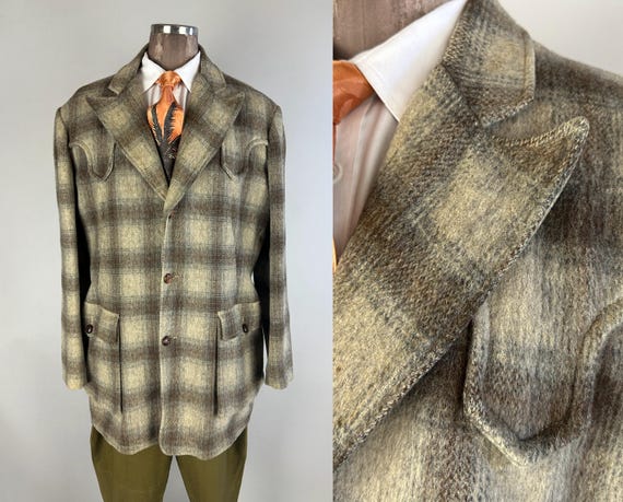 1950s Western Ranch Jacket | Vintage 50s Grey Cream & Brown Shadow Plaid Wool Coat with Peak Lapels and Bi-Swing Action Back | Large
