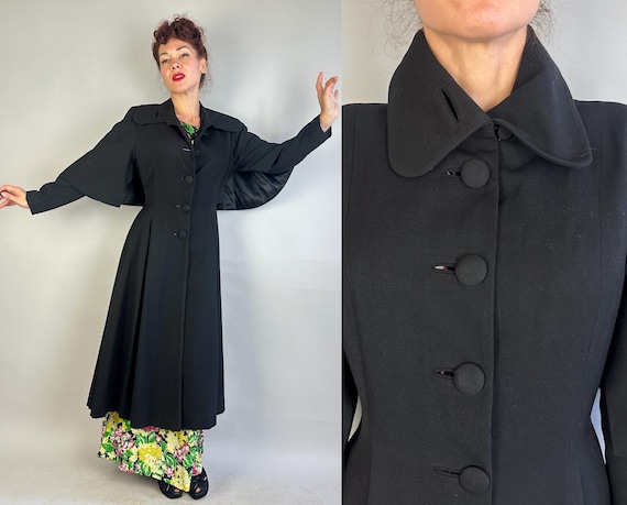 1940s Captivating Caped Coat | Vintage 40s Black Wool Princess Overcoat with Capelet Style Sleeves and Padded Shoulders | Small Medium