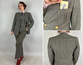 1930s Three-Piece Belted-Back Suit | Vintage 30s Steel Grey Shark Gill Knife Pleats Belt Back Jacket Vest Trousers Set | Small