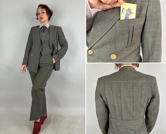 1930s Three-Piece Belted-Back Suit | Vintage 30s Steel Grey Shark Gill Knife Pleats Belt Back Jacket Vest Trousers Set | Small