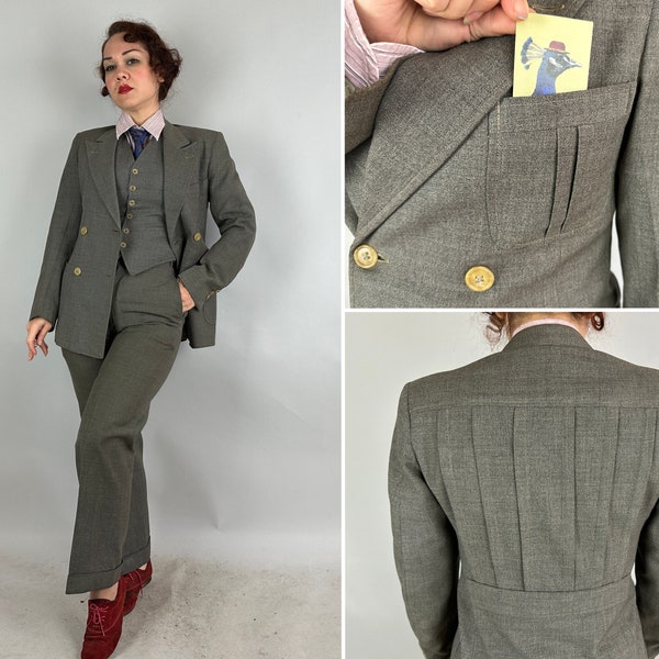 1930s Three-Piece Belted-Back Suit | Vintage 30s Steel Grey Shark Gill Knife Pleats Belt Back Jacket Vest Trousers Set | Small
