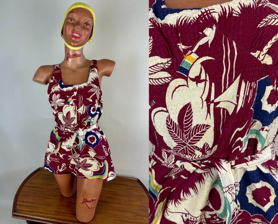1930s Sail Away Sunsuit | Vintage 30s Maroon Blue + White Tropical Island Seersucker Cotton & Wool Romper Swimsuit | Small Extra Small XS