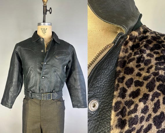 1950s Johnny's in Juvie Jacket | Vintage 50s Bad Boy Black Leather Motorcycle Coat w/Leopard Faux Fur & Green Corduroy Lining | Small Medium