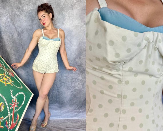 1950s Polkadot Pinup Swimsuit | Vintage 50s White w/Grey Polka Dots Boned Bathing Suit with Blue Shelf Bust & Ruched Bottoms | Small