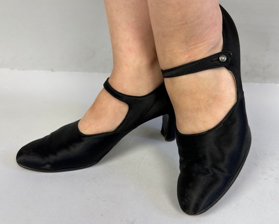 1920s Satin Doll Mary Janes | Vintage 20s Black Silk Evening High Heel Shoes Pumps Button Strap and Elongated Toe | Size US 7