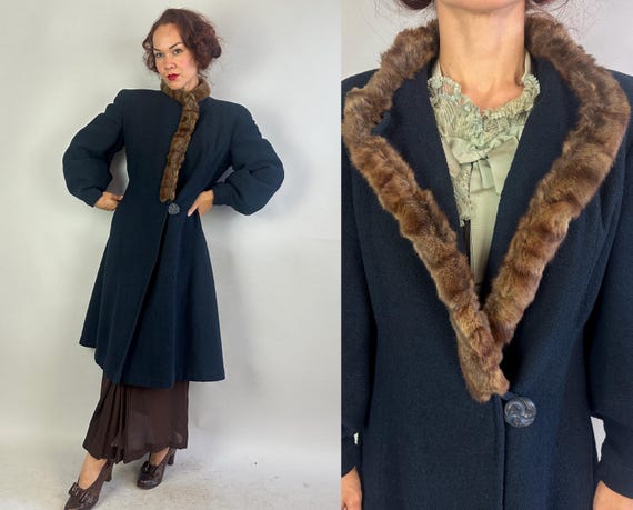 1930s Ms May's Mystery Coat | Vintage 30s Navy Blue Boucle Wool Overcoat w/Brown Fur Trim Padded Shoulders & Lantern Sleeves | Small Medium