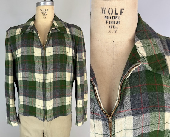 1940s Prepped in Plaid Jacket | Vintage 40s Green Red White "Pendleton" Wool Ricky Coat with Knit Waistband & Action Pleats | Extra Large XL
