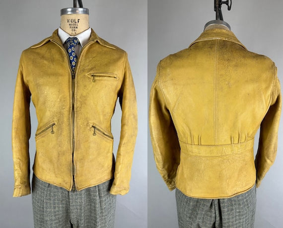1940s Beau's Belted Back Action Jacket | Vintage 40s Butter Yellow Deerskin Leather Zip-Up Coat with Brass Hardware & Pleats | Small/Medium