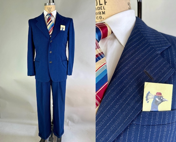 1940s Blue Ribbon Winner Suit | Vintage 40s Cobalt Wool with White Chalk and Pinstripes Two Piece Jacket & Pants Set | Size 40 Medium