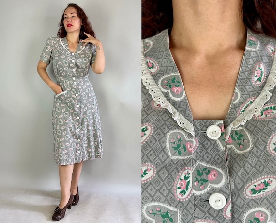 1940s Let Me Call You Sweetheart Dress | Vintage 40s Grey White and Pink Hearts Framing Roses Novelty Print Cotton Button Up Frock | Medium