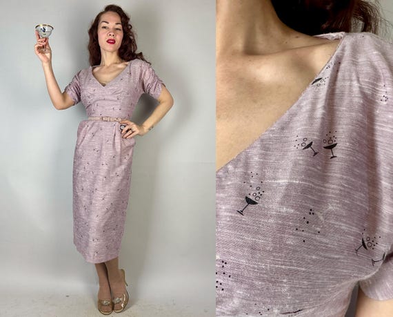 1950s Cheers to You Dress | Vintage 50s Champagne Bubbles Novelty Print Purple and Black Cotton Cocktail Wiggle Frock with Pockets | Small