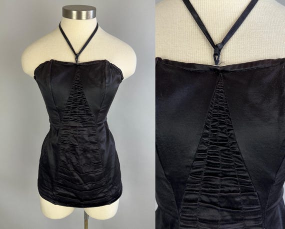 1940s Hollywood Hottie Bathing Suit | Vintage 40s Jet Black Lastex Satin One Piece Pinup Swimsuit with Halter Ties and Boning | Small Medium