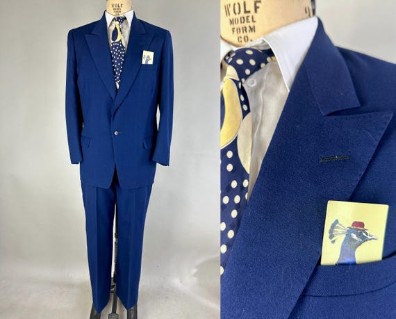 1940s Saul's Snappy Suit | Vintage 40s Admiral Blue Single Breasted Peak Lapel Jacket Sportcoat w/ Hollywood Waist Trousers | Size 40 Medium