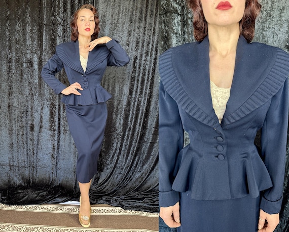 1950s Navy Nipped and Nubile "Lilli Ann" Suit | Vintage 50s Dark Blue Wool Jacket and Skirt Set w/Trapunto Quilting & Flared Peplum | Small