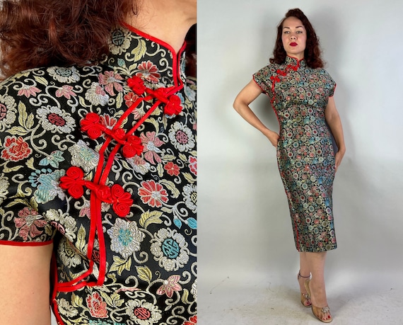 1940s Dark and Light Silk Brocade Cheongsam | Vintage 40s Colorful Black Chinese Floral QiPao Dress with Lipstick Red Piping Trim | Medium