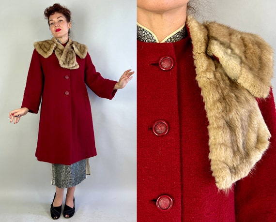 1940s Debbie's On the Town Coat | Vintage 40s Crimson Red Boucle Wool Swing Overcoat with Blonde Fur Scarf Shawl Collar | Medium Large