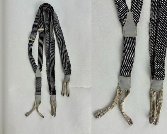 1930s Gentleman's Choice Suspenders | Vintage 30s Black White and Mauve Dotted Twill Elastic Y Back Braces